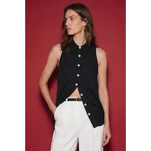 Sateen Halter Yaka Gömlek - Siyah-137481