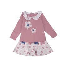 Kız Bebek Brode Yakalı Çiçek Baskılı Çıtçıtlı Fiyonk Detay Elbise 001