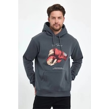 Unisex Kapüşonlu Üç İplik Oversize Baskılı Sweatshirt - Gri 001