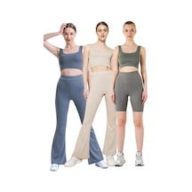 Thiff Gymwear Fitilli Kare Yaka Esnek Örme Crop Büstiyer 3'lü Atlet Set Antrasit - Bej - Haki
