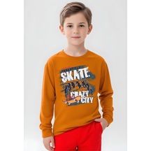 Crazy Baskılı Erkek Çocuk Yuvarlak Yaka Turuncu Sweatshirt Turuncu