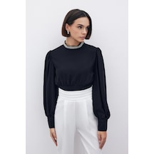 Sateen Yaka Aksesuarlı Bluz - Siyah-135191 Siyah