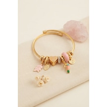 Kuş Figürlü Pembe Charmlı Gold Renk Bileklik - Lisinya