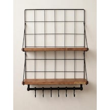 Çift Ahşap Raflı Metal Duvar Rafı 6 Kancalı Mutfak & Banyo Organizer 60 40 Cm Kahverengi