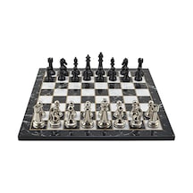 Gifthome Premium Black Metal Klasik Satranç Takımı Ve Mermer Desenli Düz Mdf Tahtası 37x37 Cm.
