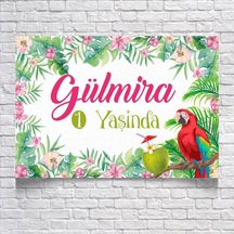 Tropikal Papağan Temalı Doğum Günü Afişi 100x150 Cm