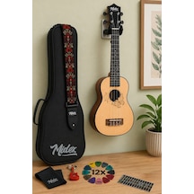 Midex Spa-261 Ladin Ağacı Kelebek Desenli Kaliteli Soprano Ukulele Seti