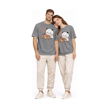 Nevermınd Sevimli Panda Baskılı Sevgili Kombini Çift Tişört Oversize Unisex Çift Kombin 2'li Set Antrasit Antrasit