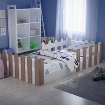 Montessori Karyola Beyaz Açık Ceviz 90x190 Yatak Uyumlu Oval Kesim Çocuk Yatağı TLP405