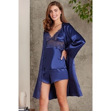 Pierre Cardin 7015 Kadın Dantelli Saten 4'lü Set-lacivert