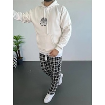 Barlashive Erkek 3 İplik Pamuklu Kapüşonlu Baskılı Cepli Oversize Sweatshirt Hoodie - Beyaz Çok Renkli