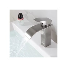 Rena Design Lavabo Bataryasi Inox Şelale Kare Gövde Eğimli Havza Banyo Armatür Çift Giriş Musluk Lüks Mat Gri