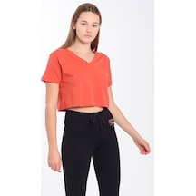 Maraton Sportswear Regular Kadın V Yaka Kısa Kol Basic Kiremit Crop Top 21236 Kiremit