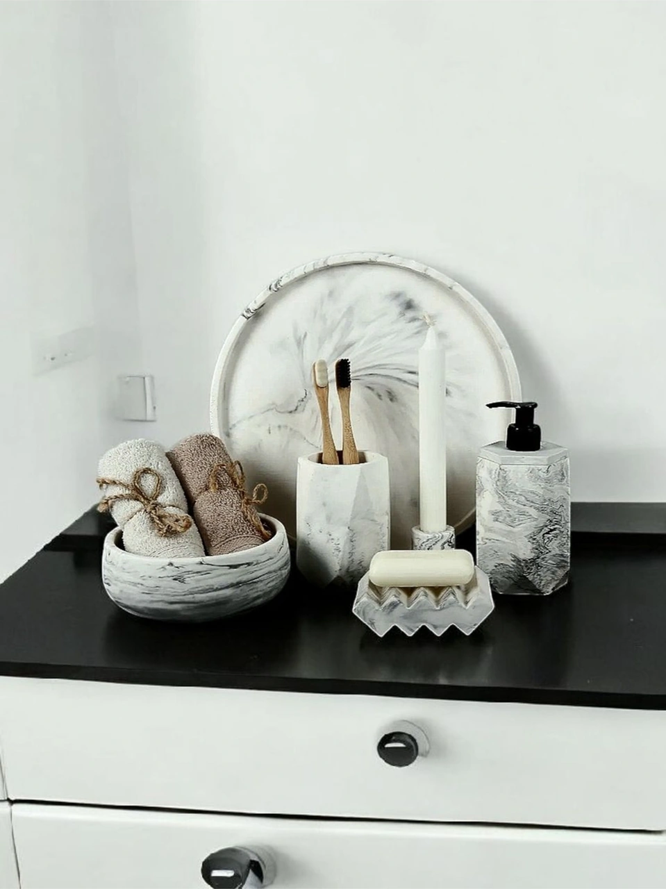 6'lı Mermer Desenli Beton Banyo Seti Tuvalet Wc Sıvı Sabunluk Diş Fırçalığı Beton Aksesuar Takımı Gri