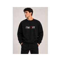 Herkesemoda İ'am Off Desen Baskılı Bisiklet Yaka Şardonlu 2 İplik Sweatshirt Siyah