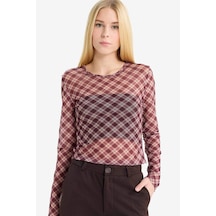 Defacto Coool Fitted Kareli Tül Uzun Kollu Tişört G3024ax25wnpn38 Pembe-pn38