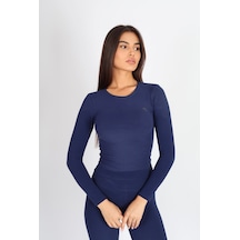 Soft&Basic Kadın Uzun Kollu Baskılı Bisiklet Yaka Lacivert Body Lacivert