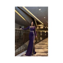 DefyModa Kadın Bisiklet Yaka Taş Detaylı Maxi Abiye Elbise Mor