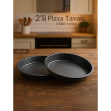Jet's Home 2'li Pizza Tavası Seti Alüminyum Pizza Tepsisi Yapışmaz Lahmacun Pide Tavası 24 Cm siyah