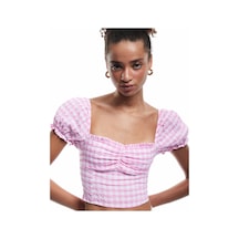 Koton Balon Kol Fırfırlı Yaka Gipeli Pötikareli Crop Bluz Pembe Ekose 5sal60108ıw Pembe Ekoseli