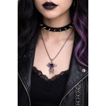 Gotik Kuru Kafa Mor Kalp Detaylı Kanatlı Kolye Gümüş Renk Unisex Çok renkli