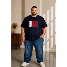 Sngl Tekstil Erkek Büyük Beden Kısa Kollu Katar Bayrak Baskılı Tişört 3xl 4xl 5xl 6xl 7xl 8xl 9xl Lacivert