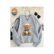 Herkesemoda Uykucu Ayı Baskı Detaylı Bisiklet Yaka Sweatshirt Gri