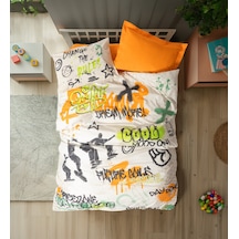 Cotton Box Genç Odası Tek Kişilik Lastikli Çarşaflı Nevresim Takımı Graffiti Oranj