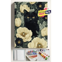 Sayılarla Boyama Seti Numaralı Tuval Fırça Boya Dahil Kasnaklı Set 50x70cm-beyaz Çiçekler Siyah Kedi