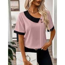 Buğrahayalin Kadın Kısa Kollu Asımetrik Yaka Detaylı Düğmeli Dubai Bluz Pembe