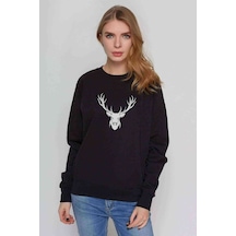 Silhouette Deer Baskılı Siyah Kadın Sweatshirt