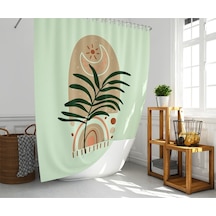 Banyo Duş Perdesi Palmiye Desen Yeşil Dijital Baskılı Banyo Perdesi, Tek Kanat C Halkalı-180x200 Cm Çok Renkli