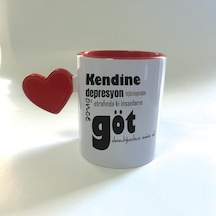 Kendine Depresyon Teşhisi Koymadan Önce Baskılı Kırmızı Dolu Kalp Kulplu Mega Kupa