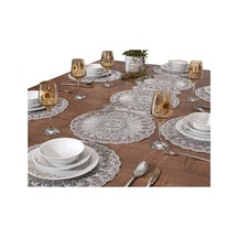 Gümüş Simli Gri Renk Amerikan Servis Supla Ve Runner Seti 6 Kişil