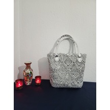 Fikriharika Design Lacebag, Metalik İp, Gümüş, Dantel, Işıltılı Kadın Omuz Çantası