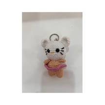 Örgü Amigurumi Kedi Figürlü Anahtarlık - El Yapımı Crochet Anahtarlık, Çanta Süsü Bej Bej