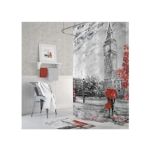Tropik Home Banyo Perdesi Bigben Londra Desenli Baskılı Solmaz Su Geçirmez Duş Perdesi 12 C Halka Hediye 180x200 Çok Renkli
