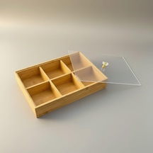 Bambu Organizer Kutu, 6 Bölmeli, Şeffaf Kapaklı, Kristal Kulplu, 30x20x6 Cm, Çay Ve Baharat Düzenleyici, Takı Düz Genel