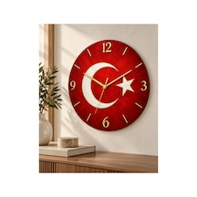 Türk Bayraklı Ay Yıldız Desenli 45 Cm Ahşap Sessiz Akar Mekanizmalı Uv Baskılı Dekoratif Duvar Saati Hediyelik 1075 Çok Renkli