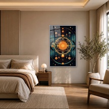Turuncu Turkuaz Kozmik Geometri Gümüş Çerçeveli Cam Tablo