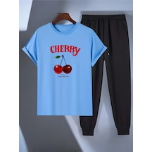 Uyguntarz Unisex Happy Cherry Tasarım Basklı Tshirt Eşofman Takımı Bebe Mavi