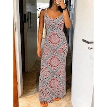 Efnaz Style Kadın Ip Askılı V Yakalı Desenli Süprem Uzun Elbise Kırmızı