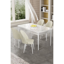 Canisa Gale Serisi 80x132 Açılabilir Lak Panel Beyaz Mermer Desen Mutfak Masa Takımı 4 Krem Sandalye Masa Beyaz Mermer Desenli Sandalyeler Krem