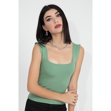 Ön Arka Kare Yaka Kadın Crop Top Triko Bluz - Mint Yeşili