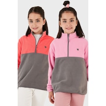 Lela Yumuşak Dokulu Yarım Fermuarlı Renk Bloklu Dik Yaka 2'Li Paket Çocuk Polar 5905004S2 Somon Gri-Şeker Pembe Gri