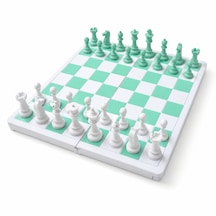 Katlanabilir Mini Satranç Takımı Beyaz & Pastel Su Yeşil 21 X 21 Cm Taşınabilir Pratik Satranç Seti