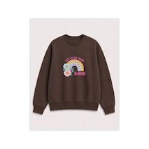 Herkesemoda Gökkuşağı Baskılı 2 İplik Şardonlu Bisiklet Yaka Sweatshirt Kahverengi