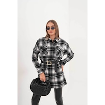 Polologin Butik Kadın Siyah Beyaz Çizgili Araboy Spor Gömlek Beyaz