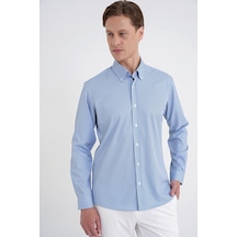 Slim Fit Yaka Düğmeli Baskılı Pamuklu Mavi Gömlek G 1606
