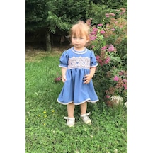 Dantel Detaylı Mavi Kız Çocuk Bebek Elbise 001